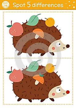 Find differences game for children. Autumn forest educational activity with hedgehog and mushroom. Printable worksheet with cute