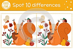 Find differences game for children. Autumn forest educational activity with squirrel and acorn. Printable worksheet with cute