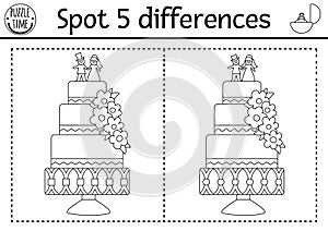 Find differences game for children. Black and white educational activity with cute wedding cake. Marriage printable coloring page