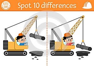 Find differences game for children. Construction site educational activity with boy driver in crawler crane lifting pipe. Cute