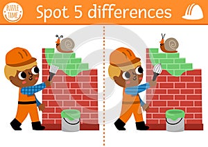 Find differences game for children. Construction site educational activity with boy painting brick wall. Cute puzzle for kids with