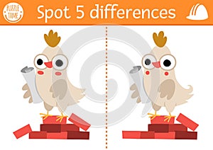 Find differences game for children. Construction site educational activity with hen architect on brick pile. Cute puzzle for kids