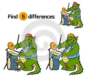 Find differences, game for children (crocodile and drum)