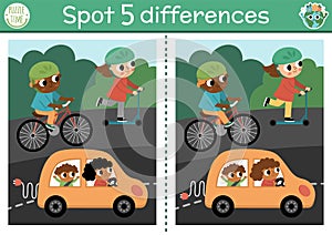 Find differences game for children. Ecological educational activity with cute alternative transport. Earth day puzzle for kids.