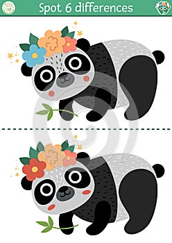 Find differences game for children. Ecological educational activity with cute panda. Earth day puzzle for kids with funny bear.