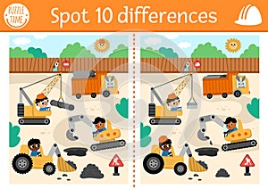 Find differences game for children. Educational activity with workers on vehicles repairing road. Cute puzzle for kids with funny