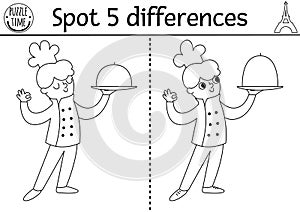 Find differences game for children. Educational black and white activity with cute chef and plate with closh. Puzzle for kids with