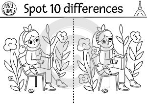 Find differences game for children. Educational black and white activity with cute girl reading a book in garden among flowers.