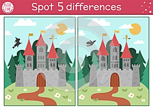Find differences game for children. Fairytale educational activity with cute castle on a hill. Magic kingdom puzzle for kids with