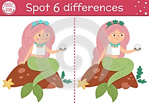 Find differences game for children. Fairytale educational activity with cute mermaid and pearl. Magic kingdom puzzle for kids with