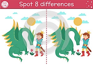 Find differences game for children. Fairytale educational activity with cute prince and dragon. Magic kingdom puzzle for kids with