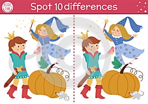Find differences game for children. Fairytale educational activity with cute prince, shoe, pumpkin. Magic kingdom puzzle for kids