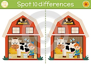 Find differences game for children. On the farm educational activity with cute barn house, girl milking cow. Farm puzzle for kids