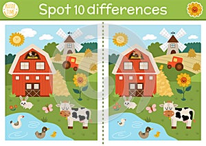 Find differences game for children. On the farm educational activity with cute barn house, rural landscape, tractor. Farm puzzle