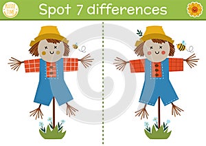 Find differences game for children. On the farm educational activity with cute scarecrow. Farm puzzle for kids with funny boy
