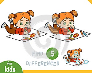 Find differences, game for children, Little girl drawing with color pencils a flower