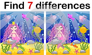 Find differences, game for children, mermaid underwater in cartoon style, education game for kids, preschool worksheet activity,