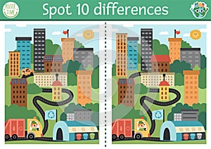 Find differences game for children with opposites. Ecological educational activity with cute eco city. Earth day puzzle for kids.
