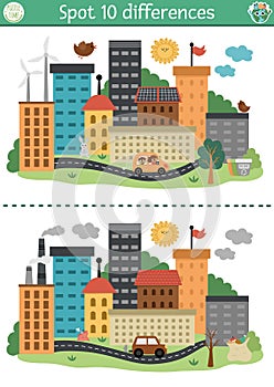 Find differences game for children with opposites. Ecological educational activity with cute eco and polluted city versions. Earth