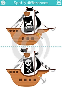 Find differences game for children. Sea adventures educational activity with cute pirate ship. Treasure island puzzle for kids