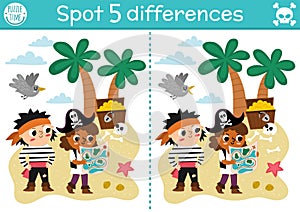 Find differences game for children. Sea adventures educational activity with cute pirates and treasure island. Puzzle for kids