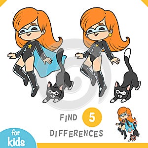 Find differences, game for children, Super hero girl with a cat