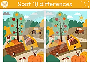 Find differences game for children. Thanksgiving educational activity with farm scene, turkey driving a van with pumpkins.