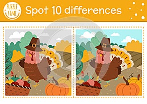 Find differences game for children. Thanksgiving educational activity with funny turkey, apple basket, pumpkins. Printable