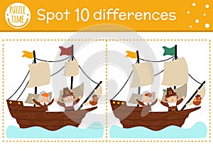 Find differences game for children. Thanksgiving educational activity with pilgrims sailing on a ship. Printable worksheet. Autumn