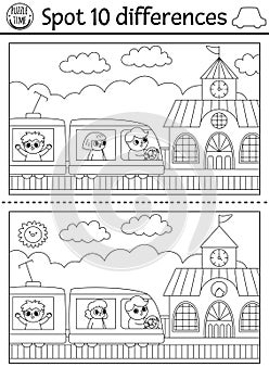 Find differences game for children. Transportation black and white activity with train, passengers, driver, railway station.