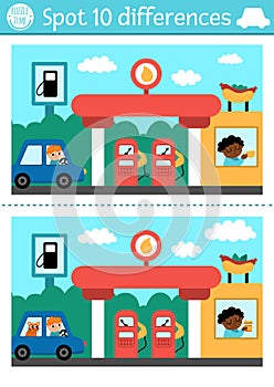 Find differences game for children. Transportation educational activity with cute car with driver, filling station, cafe. Cute