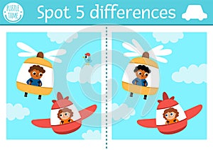 Find differences game for children. Transportation educational activity with plane and helicopter with pilots flying in the sky.