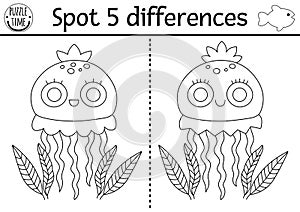 Find differences game for children. Under the sea black and white educational activity with cute jellyfish. Ocean life line puzzle