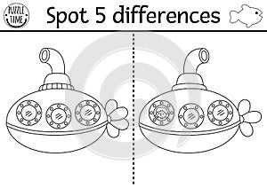 Find differences game for children. Under the sea black and white educational activity with cute submarine. Ocean life line puzzle