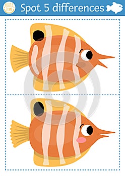 Find differences game for children. Under the sea educational activity with cute butterfly fish. Ocean life puzzle for kids with