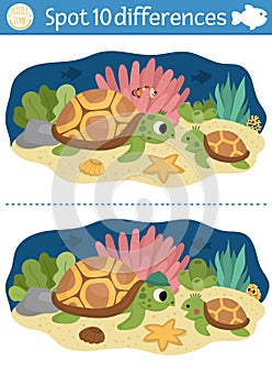 Find differences game for children. Under the sea educational activity with cute mother and baby turtle. Ocean life puzzle for