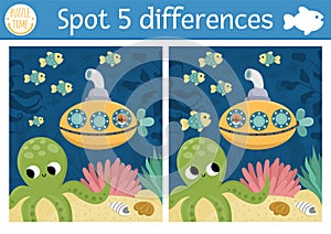 Find differences game for children. Under the sea educational activity with cute scene, submarine, octopus. Ocean life puzzle for