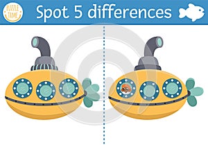 Find differences game for children. Under the sea educational activity with cute submarine. Ocean life puzzle for kids with water