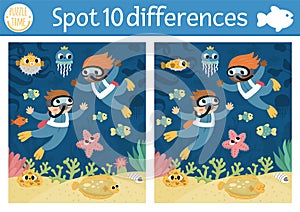 Find differences game for children. Under the sea educational activity with scene with divers, starfish. Ocean life puzzle for