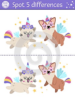 Find differences game for children with unicorn cat and dog. Fairytale educational activity with funny animals with horns. Cute