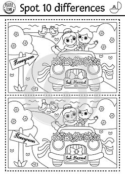 Find differences game for children. Wedding black and white activity with married couple going on honeymoon. Marriage coloring