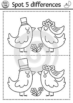 Find differences game for children. Wedding black and white educational activity with cute married birds couple. Marriage