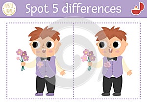 Find differences game for children. Wedding educational activity with cute boy with bouquet of flowers. Marriage ceremony puzzle