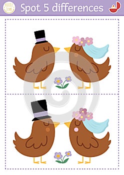 Find differences game for children. Wedding educational activity with cute married birds couple. Marriage ceremony puzzle for kids