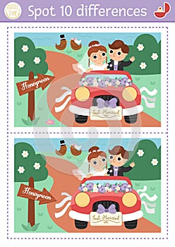 Find differences game for children. Wedding educational activity with cute married couple. Marriage ceremony puzzle for kids with