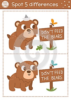 Find differences game for children. Woodland educational activity with funny bear and signboard. Printable worksheet with cute