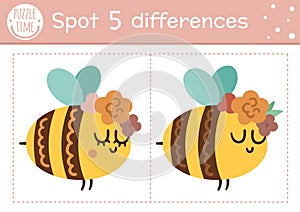 Find differences game for children. Woodland educational activity with funny bumblebee. Printable worksheet with cute insect.