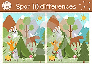 Find differences game for children. Woodland educational activity with funny camping scene. Printable worksheet with cute animals