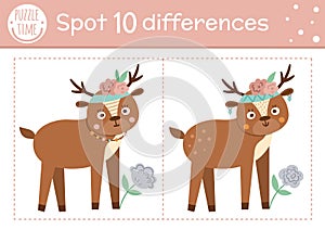 Find differences game for children. Woodland educational activity with funny deer. Printable worksheet with cute animal. Spring