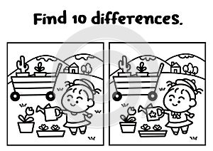 Find 10 differences game coloring pages style.